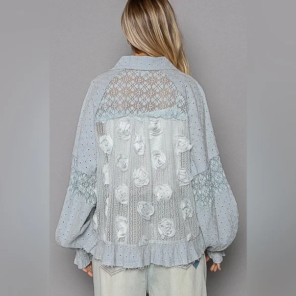 949. POL Shacket Jacket Top Women's Blue Lace Woven Balloon Sleeve Front Pockets - Picture 2 of 5